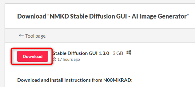 NMKD Stable Diffusion GUI 1.3.0 のダウンロード方法：Downloadボタン