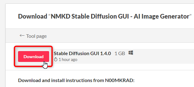 NMKD Stable Diffusion GUI 1.4.0 のダウンロード方法：Downloadボタン