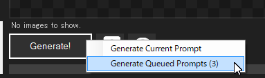NMKD Stable Diffusion GUI の Prompt Queue は Generate!ボタンから実行できる
