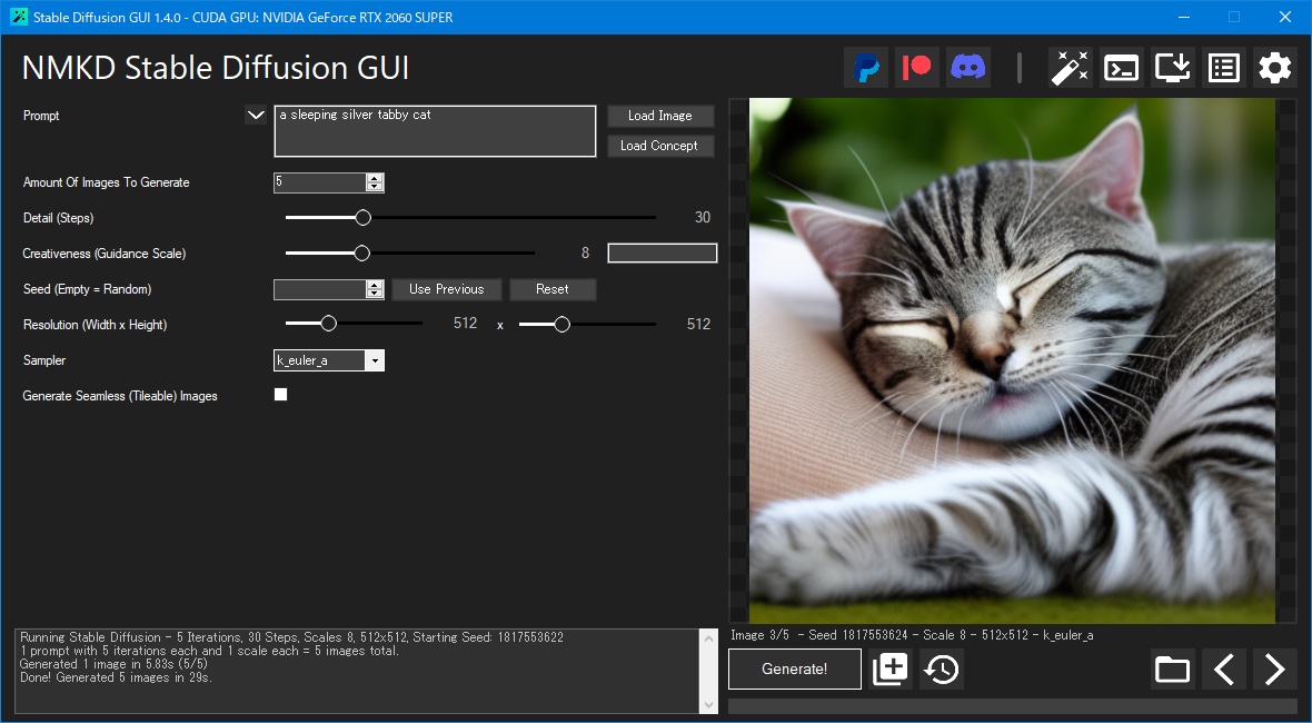 NMKD Stable Diffusion GUI 1.4.0 の初回動作チェック。サバトラにゃんこの画像を生成させた