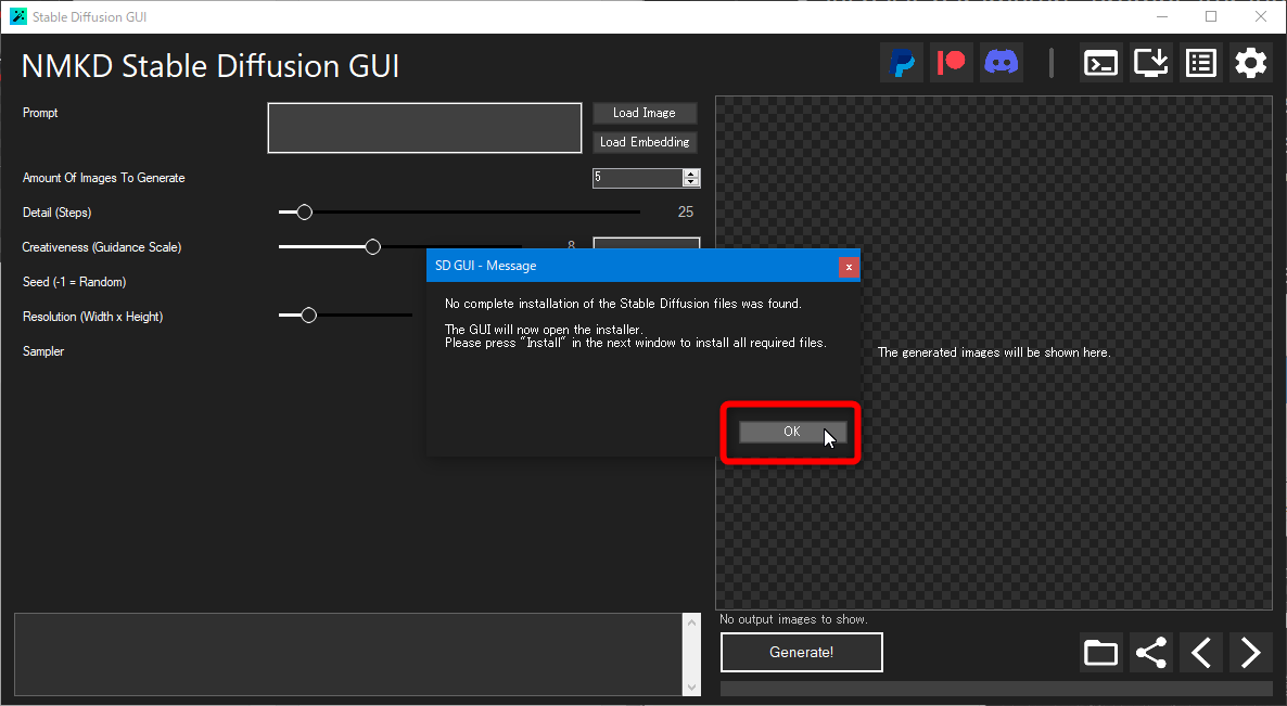 NMKD Stable Diffusion GUI のインストール方法：インストール有無の検知画面