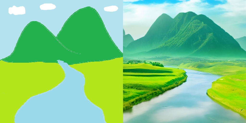 MSペイントで描いた適当な山と川の落書き(左)と、それをStable Diffusionのimg2imgに複数回通し、写真風に変換したもの(右)