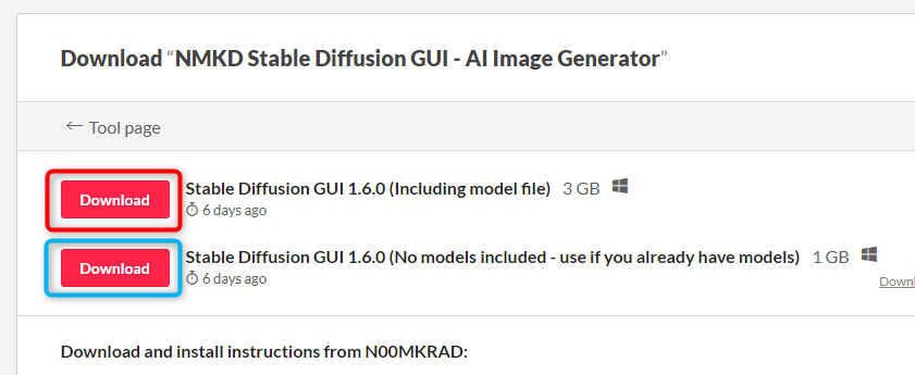 NMKD Stable Diffusion GUI 1.6.0 のダウンロード方法：Downloadボタン