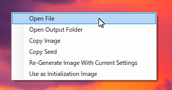 NMKD Stable Diffusion GUI の画像右クリックメニュー