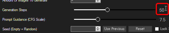 NMKD Stable Diffusion GUI ではスライダー横の設定値をクリックして値を直接入力して変更できる