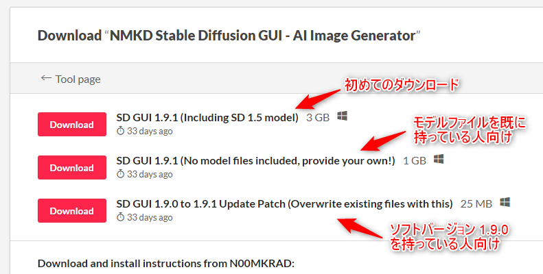 NMKD Stable Diffusion GUI のダウンロード方法：Downloadボタン