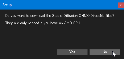 NMKD Stable Diffusion GUI のインストール：AMD製GPUを使用している場合はYesを選択するメッセージボックス