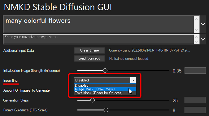 Masked Inpainting を NMKD Stable Diffusion GUIで使用する方法：Image Mask設定の有効化