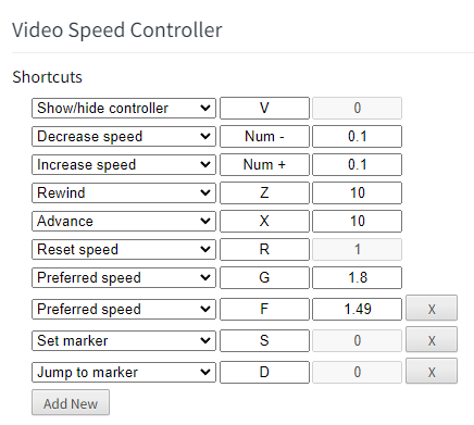 Video Speed Controllerのおすすめ設定：Shortcutsの項