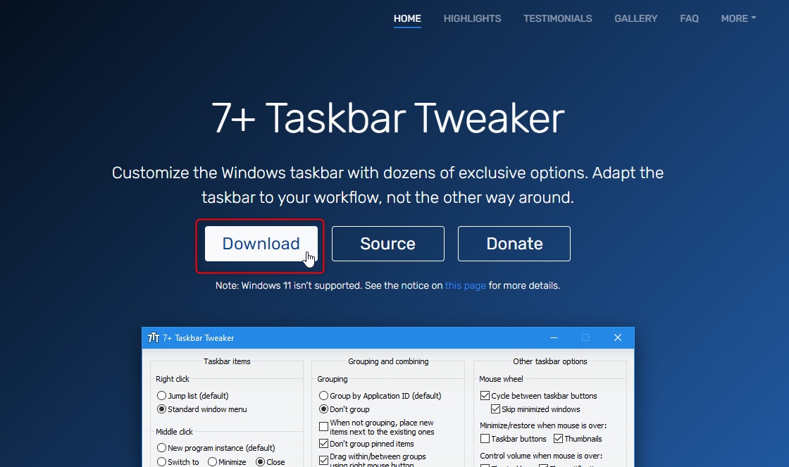 7+ Taskbar Tweaker のダウンロード方法