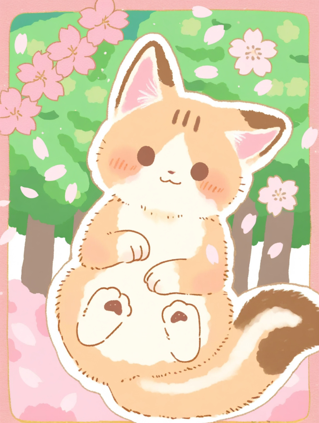 Stable Diffusion で Illustrious XL 1.1 モデルを使って生成したかわいい動物キャラ(お花の背景ありのネコ)のイラスト
