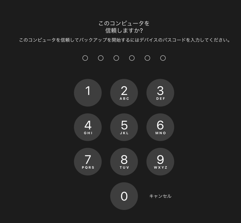 iTunes でiPhone/iPadをバックアップする方法：端末側のパスコード入力画面