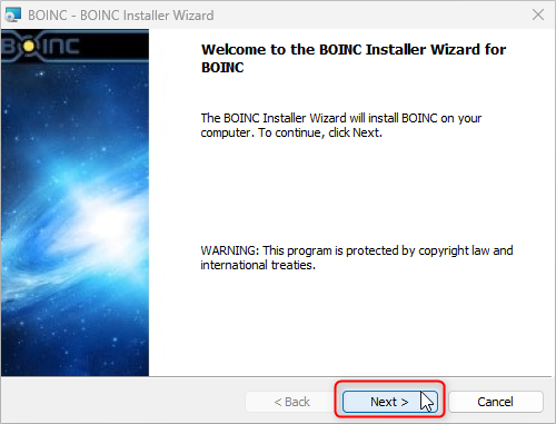 BOINC のインストール方法:インストール画面のダイアログ