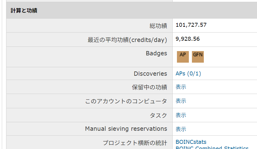 PrimeGrid:あなたのアカウント画面